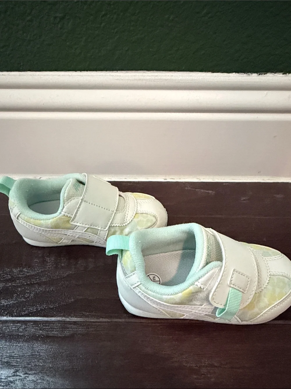ASICS girls Kids Mint Green, White & Yellow Velcro Sneakers